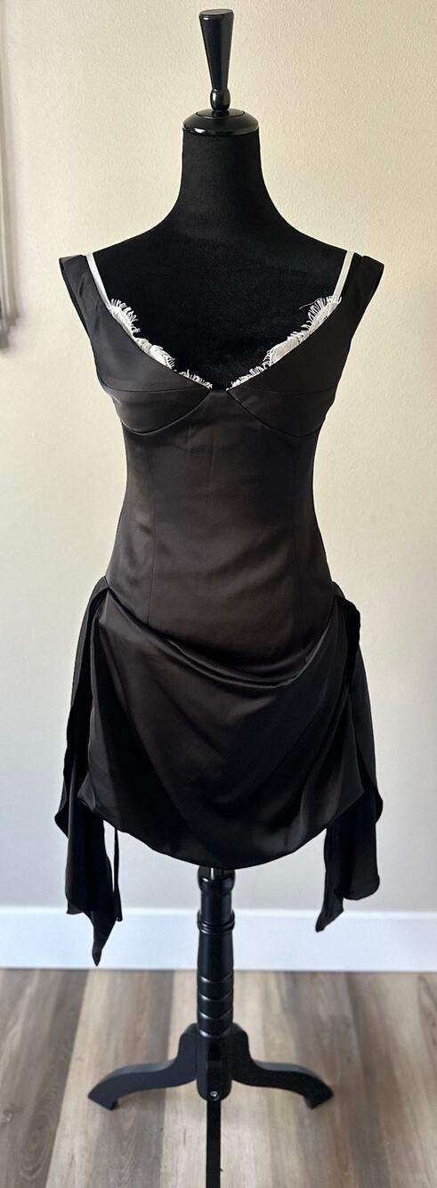 LATTITUDE OFFICIAL Black Satin Draped Lace Detail Cocktail Dress Size M
